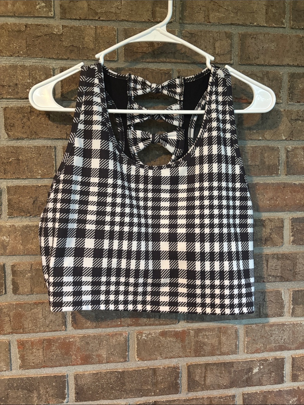 Live Well Active Black & White Plaid Cropped Tank with Ladder-Back Detail